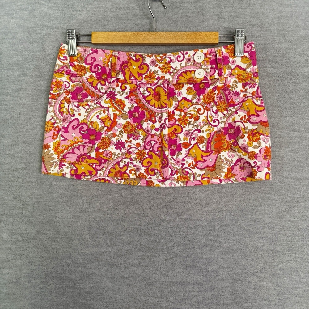 Vintage Y2K Micro Mini Skirt Wet Seal Size XS 3 10" Length pink Orange Floral